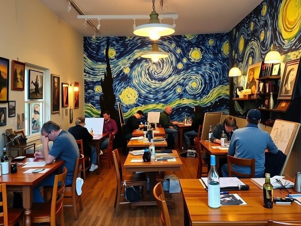 Artists Gather in Cozy Cafe Under Van Gogh-Inspired Mural