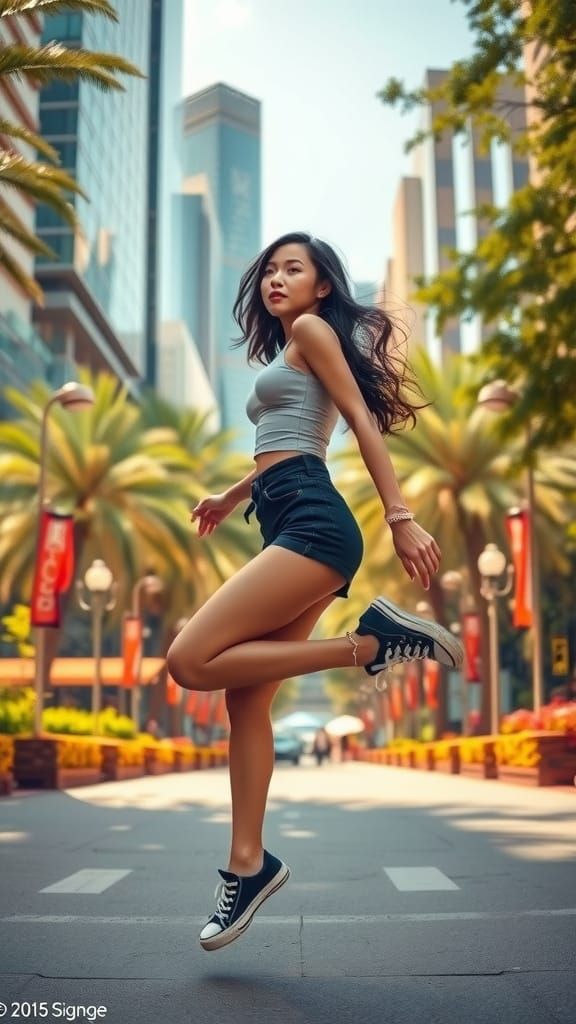 Confident Young Asian Woman in Vibrant Urban Landscape
