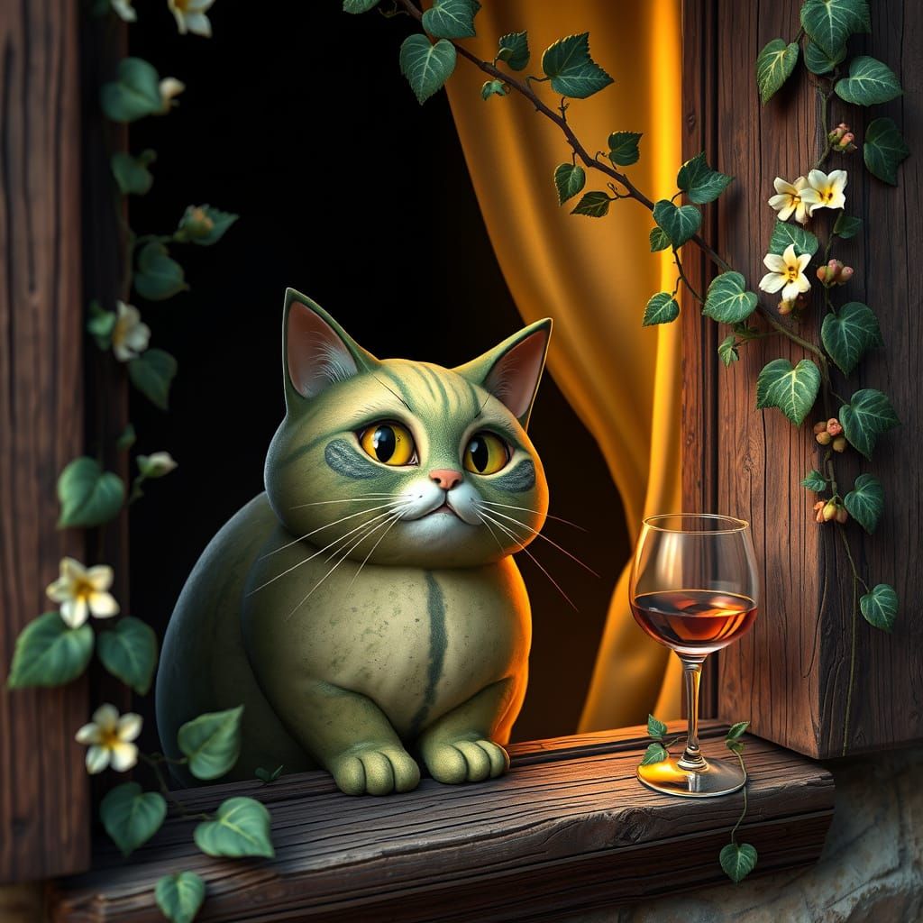 Whimsical Melon Cat Gazing from a Rustic Window