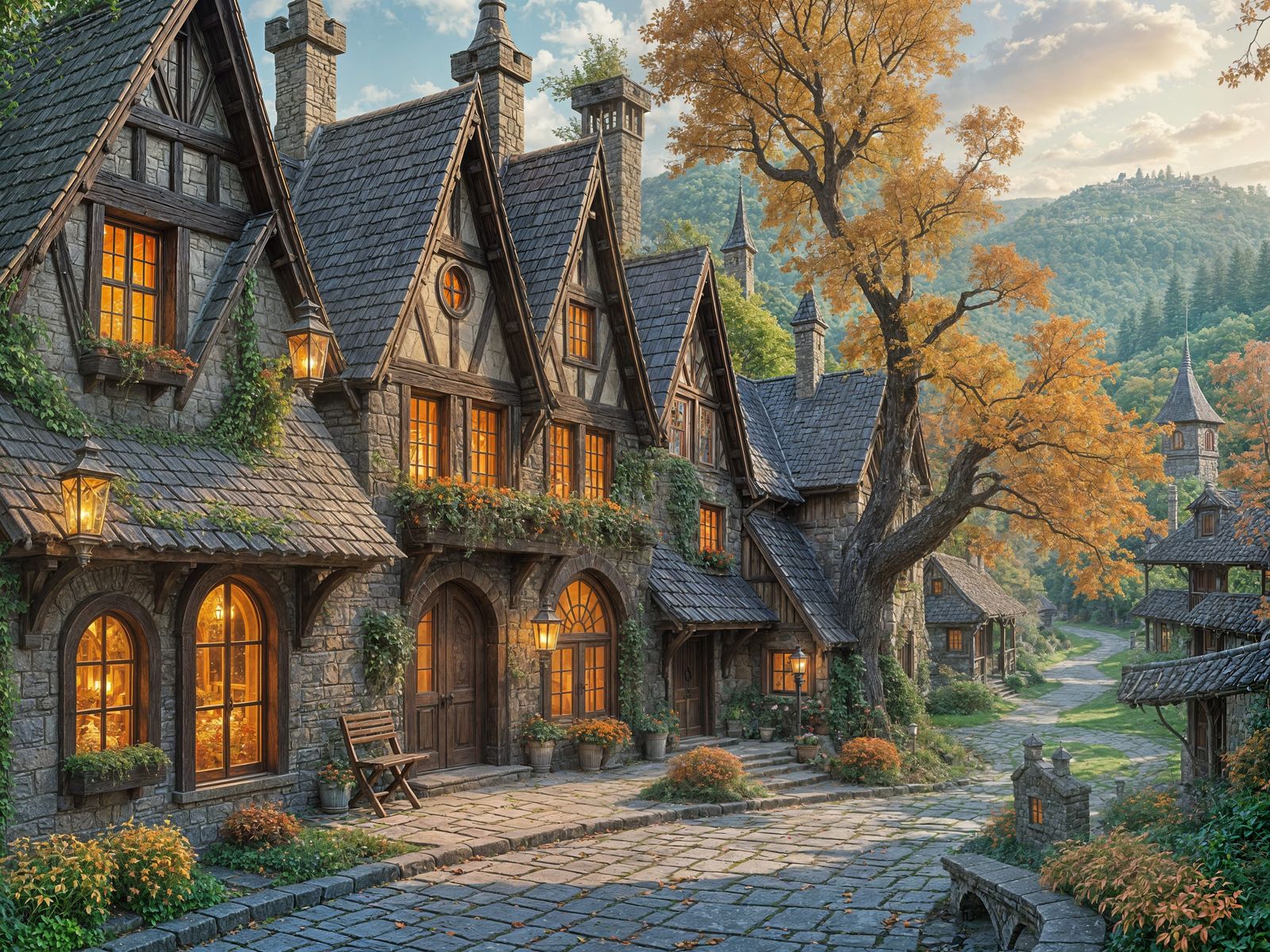 Whimsical Autumnal Village Scene in Magical Realism Style