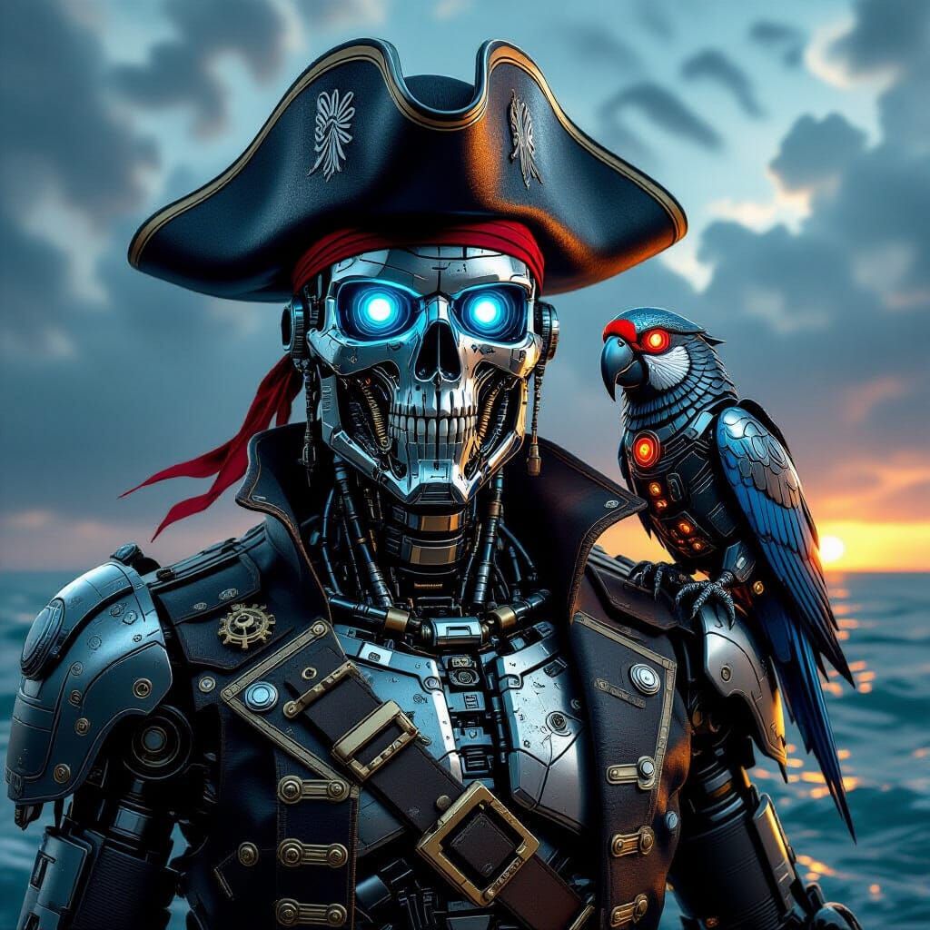Cybernetic Pirate with Robotic Parrot in Steampunk Cyberpunk...