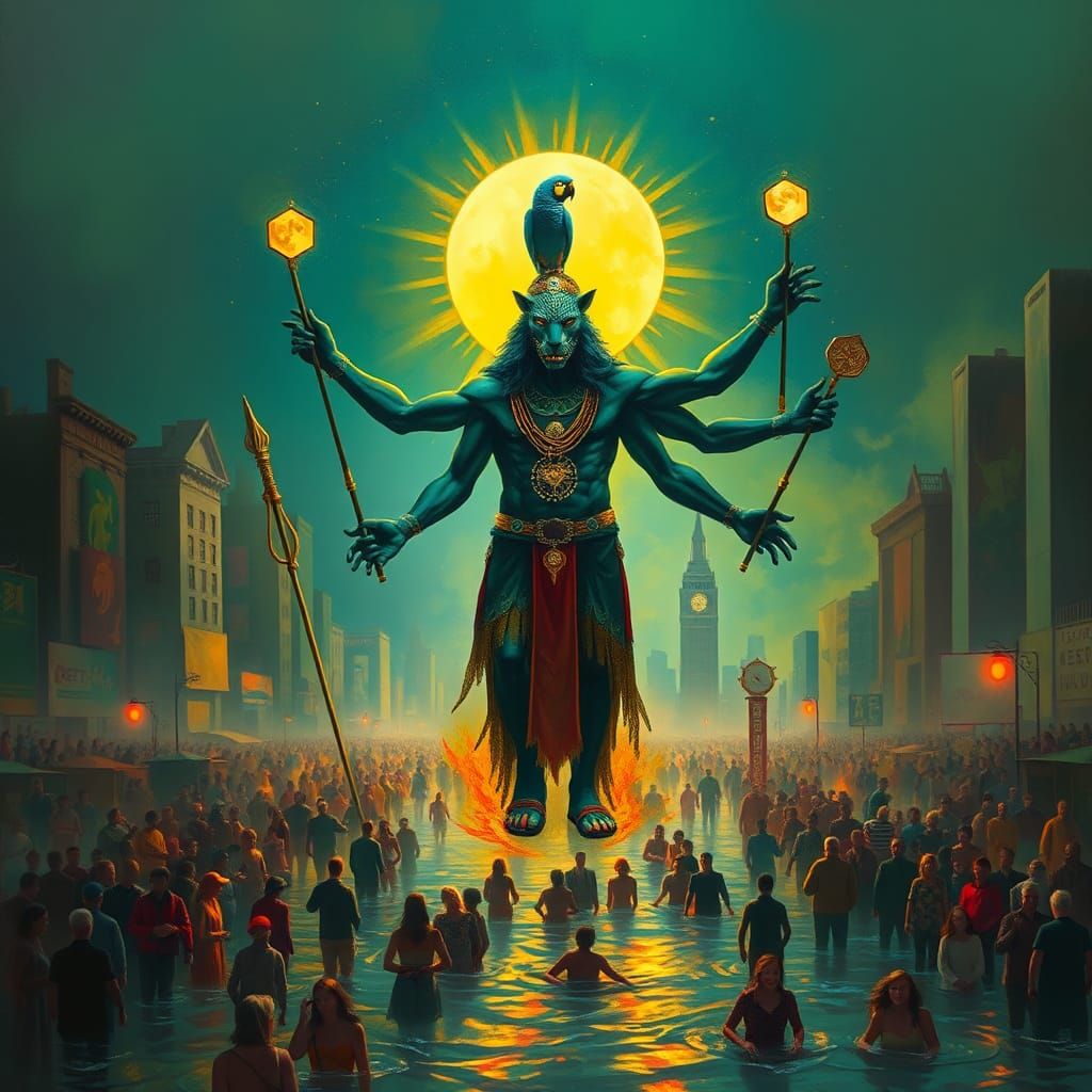 Leopard Shaman in Flooded Cityscape: Abstract Art