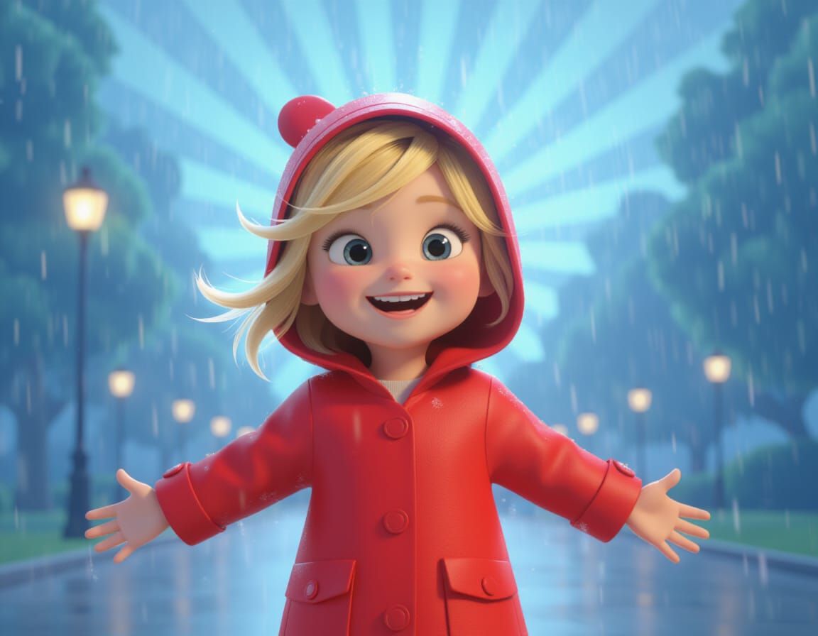 Joyful Girl in Red Raincoat Plays in Animated Park
