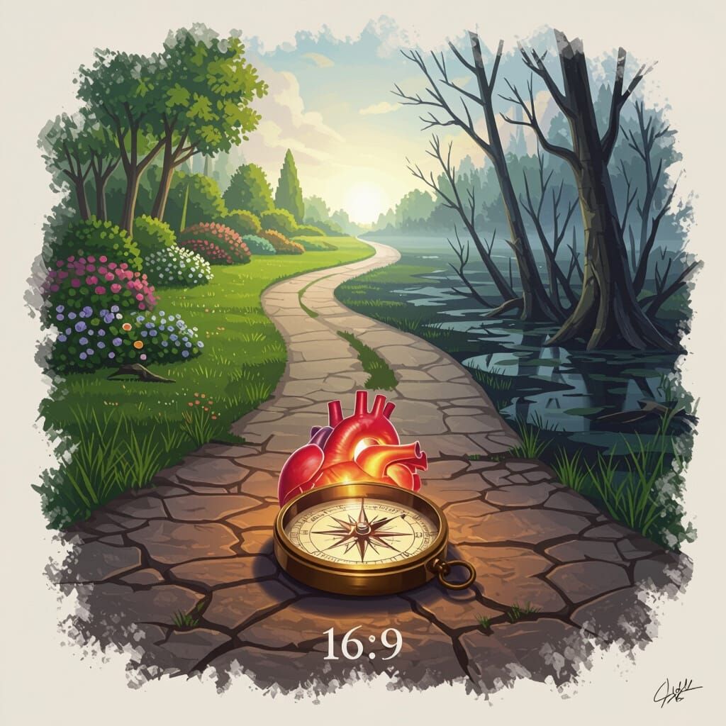 Symbolic Digital Painting of Diverging Paths and a Glowing H...