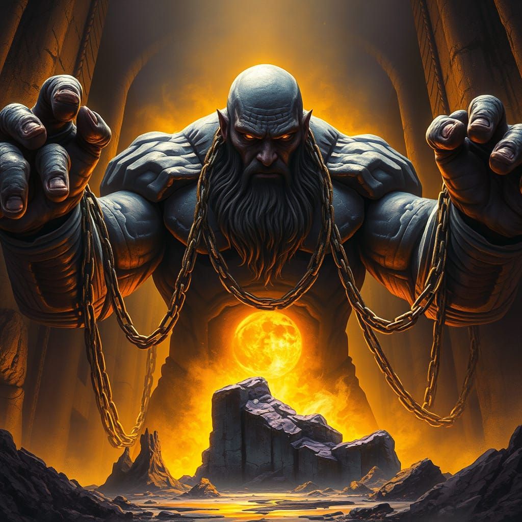 Solemn Titan Bound in Chains: Hyper-Detailed Digital Art
