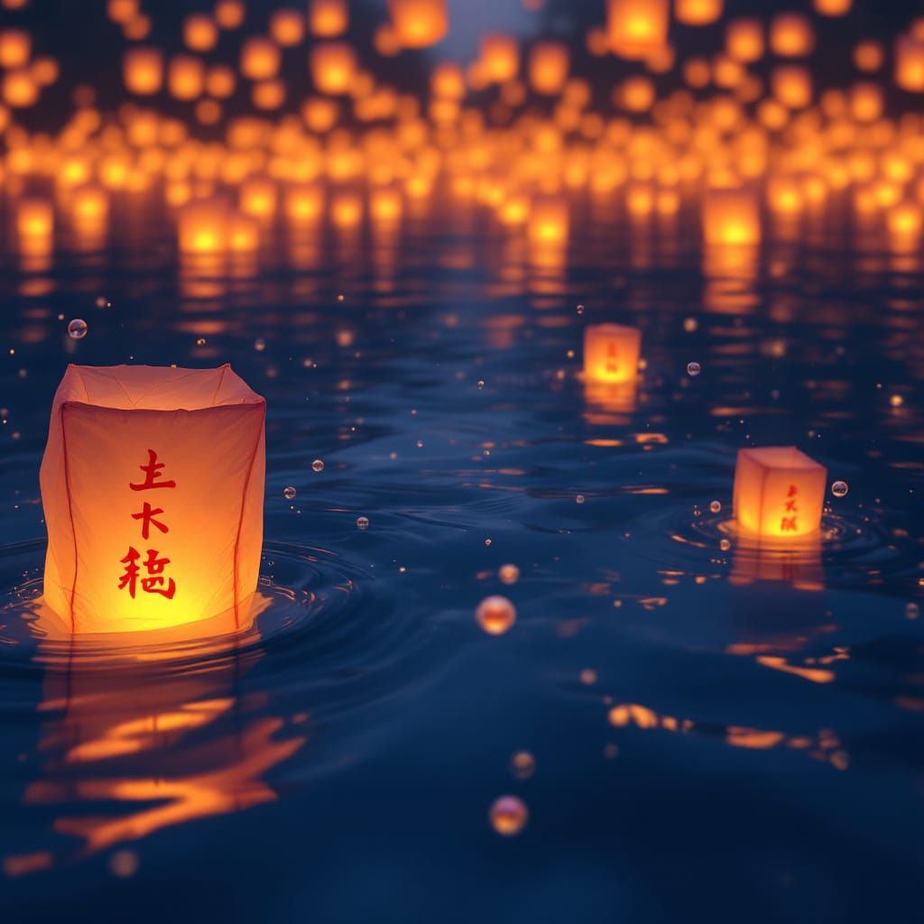 Ethereal Lantern Festival Beneath Calm Water in Anime Style