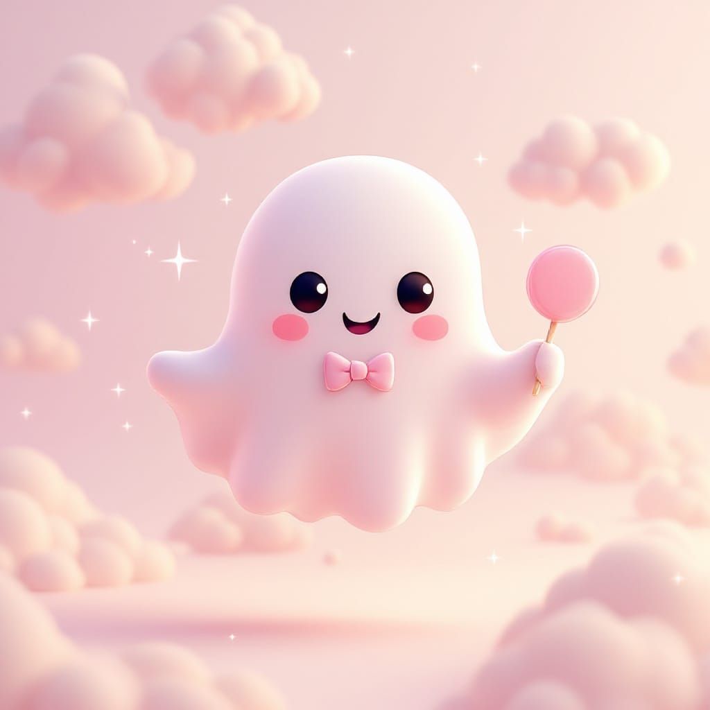 Cute 3D Ghost Offers Lollipop in Minimalist Doodle Style