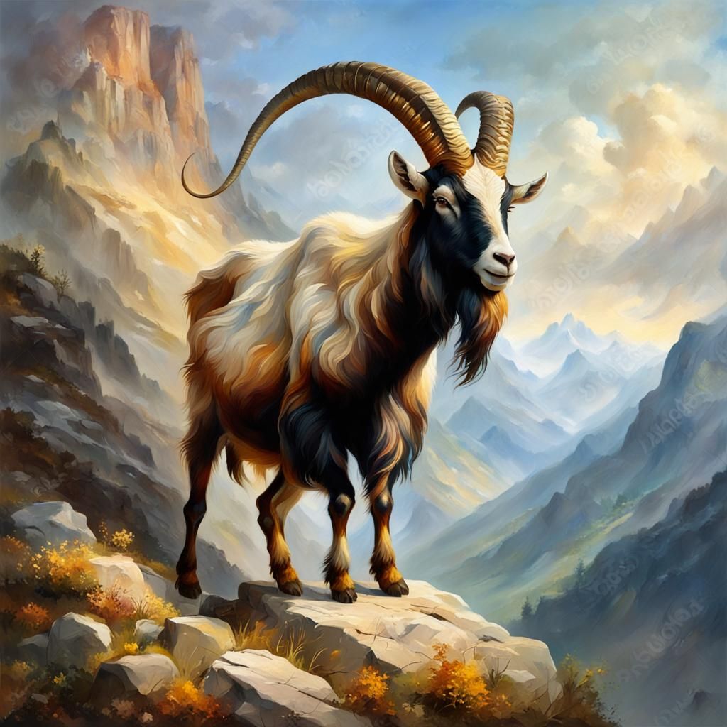 Majestic Wild Goat in Mountain Landscape Oil Painting