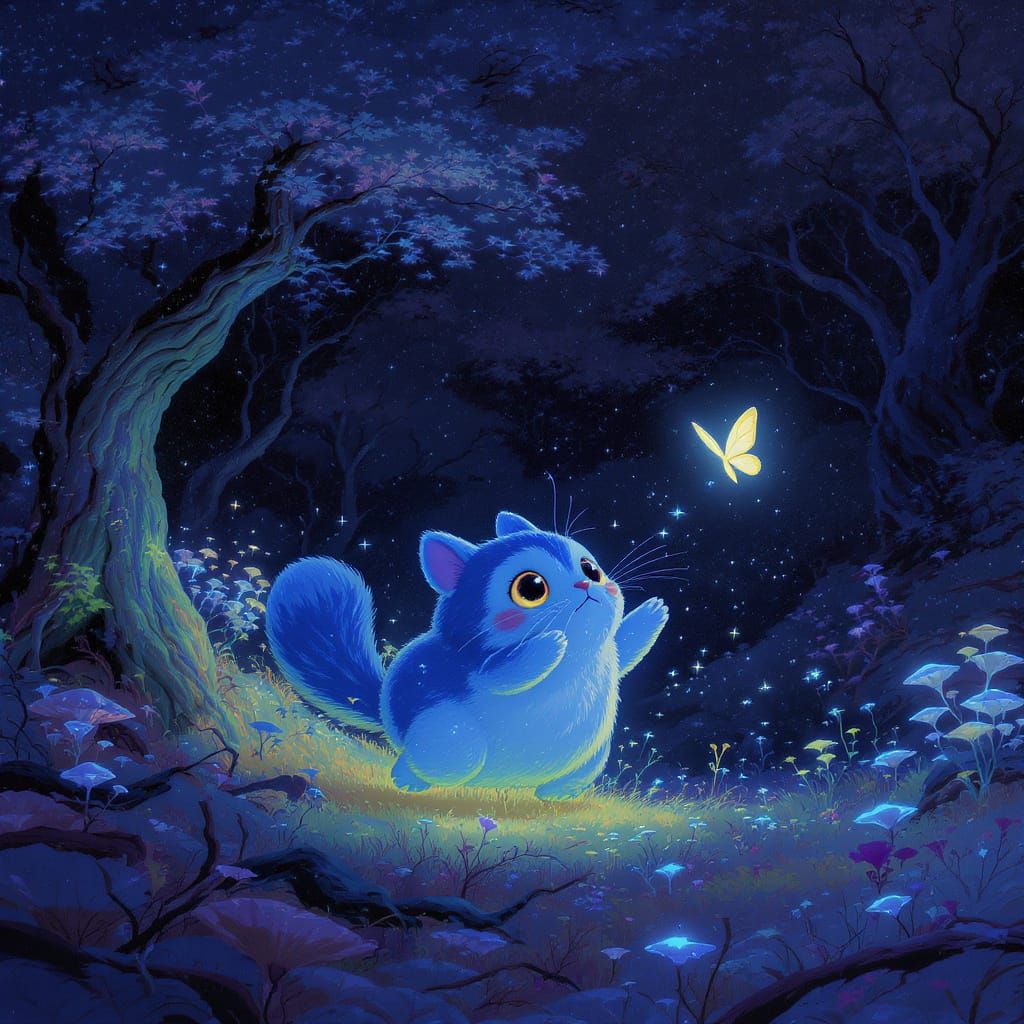 Whimsical Creature Chasing Butterfly in Enchanted Forest