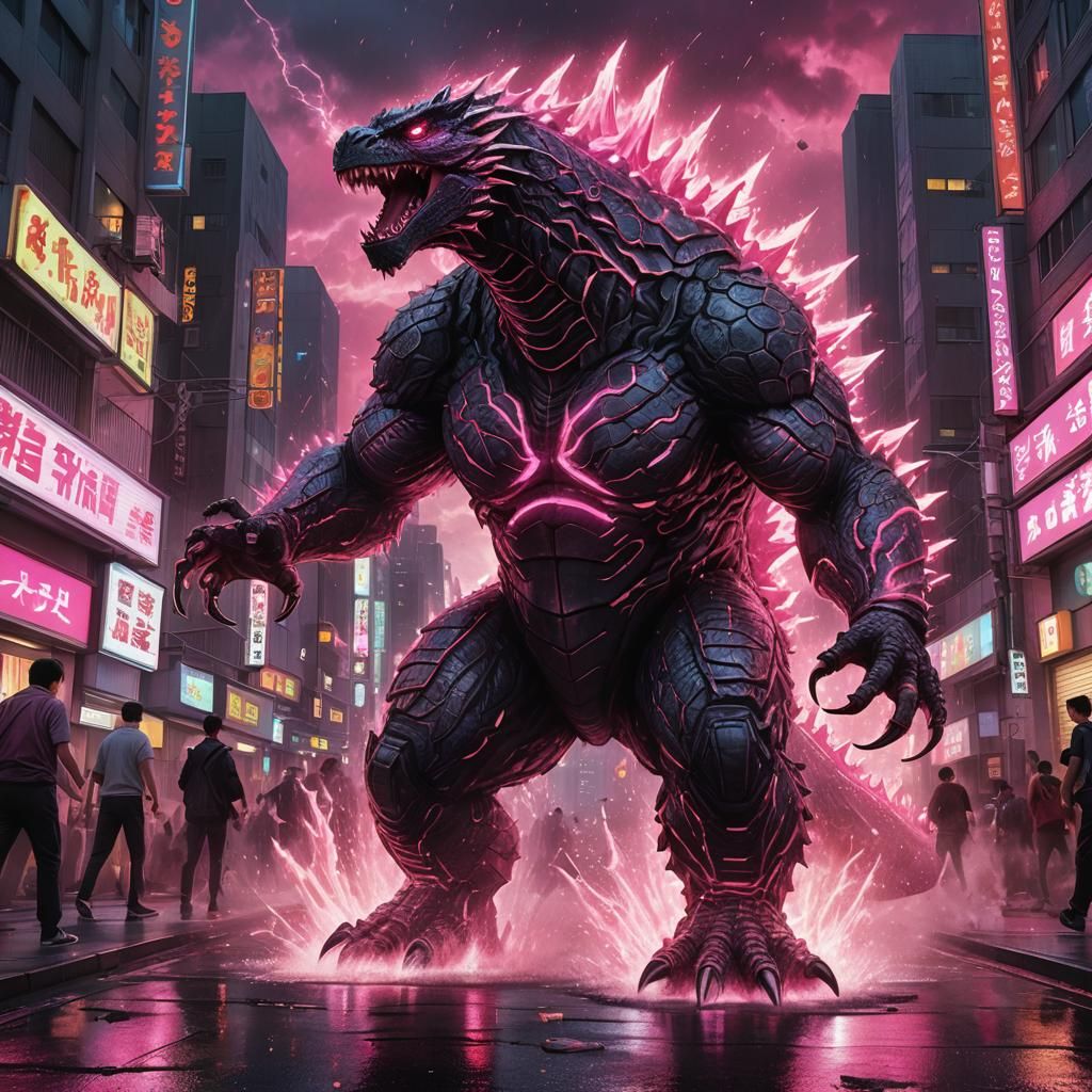 Pink Godzilla Smashes City in Neon Japanese Art