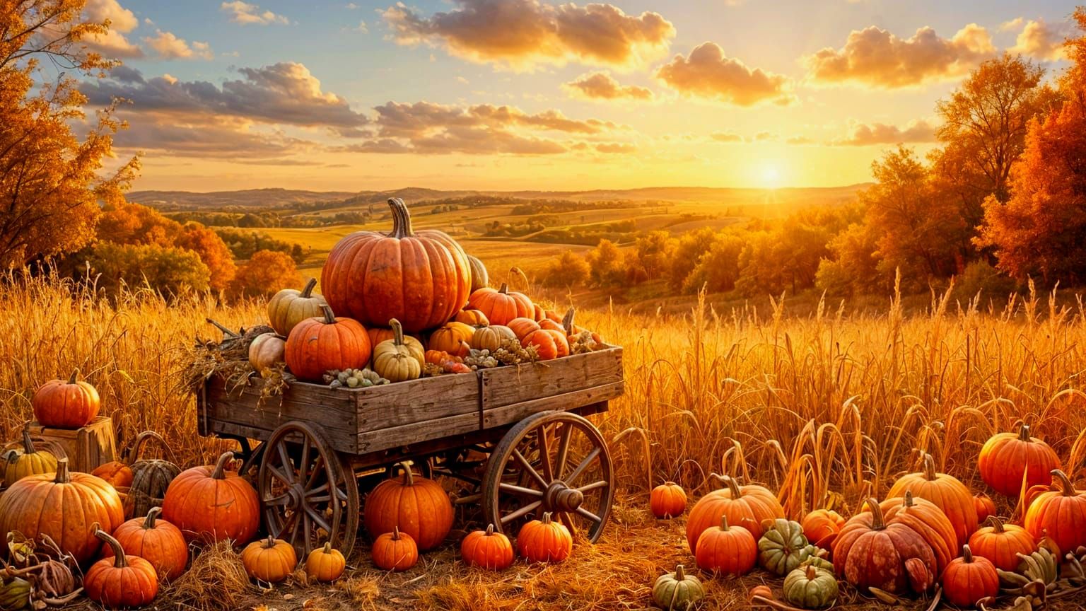 A bountiful harvest scene set in a burnt sienna golden cornf...