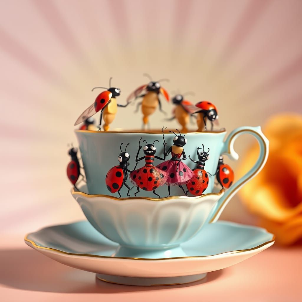 Ladybug Dance Party in Teacup, 3D Rendered