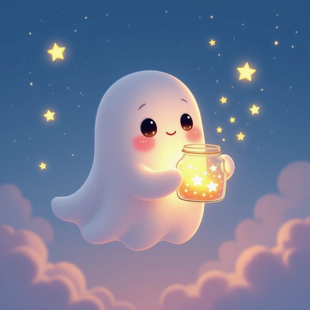 Cute 3D Ghost Jar of Stars in Pastel Sky
