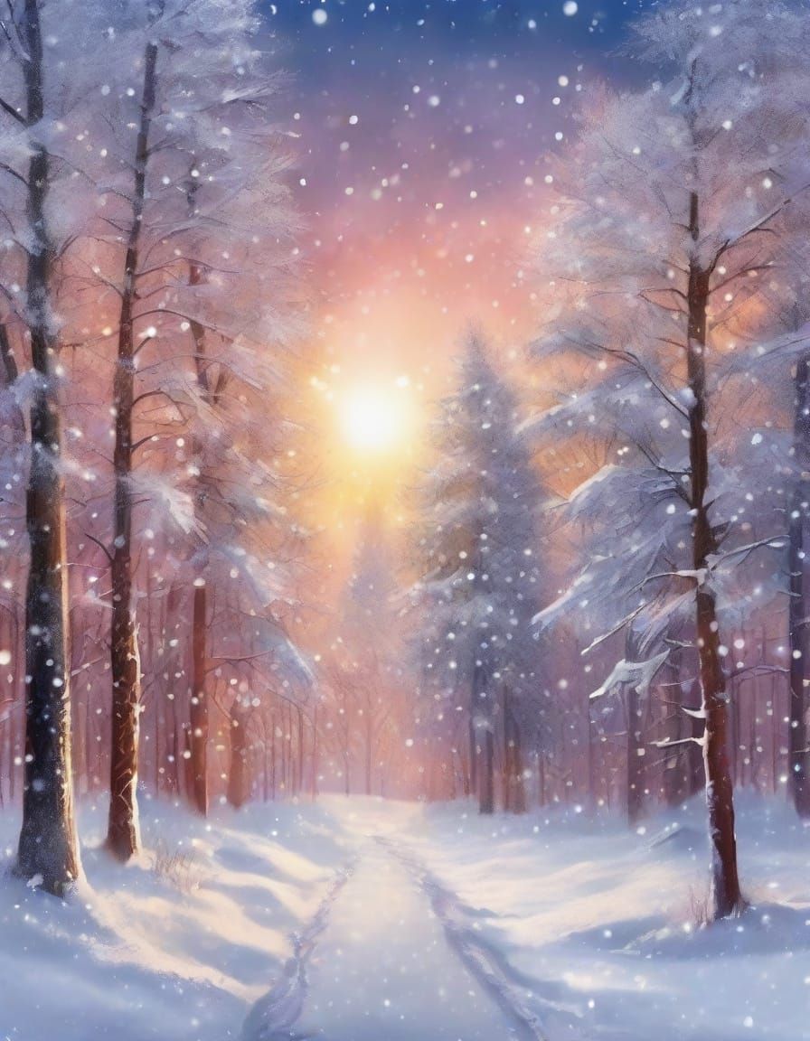 Winter Forest Snowfall in Wet Brush Watercolour Style