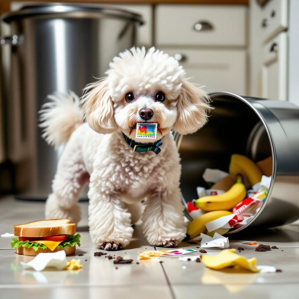 Guilty Poodle in Kitchen Chaos: Photorealistic Close-Up