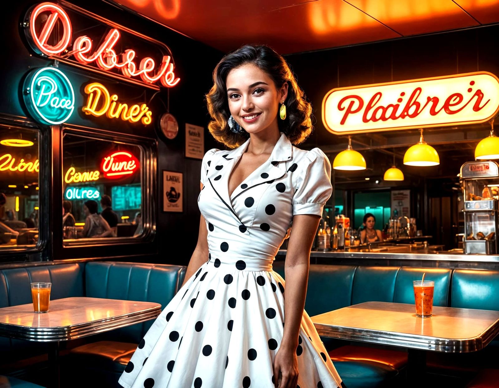 Pop Art Woman in Diner with Neon Lights