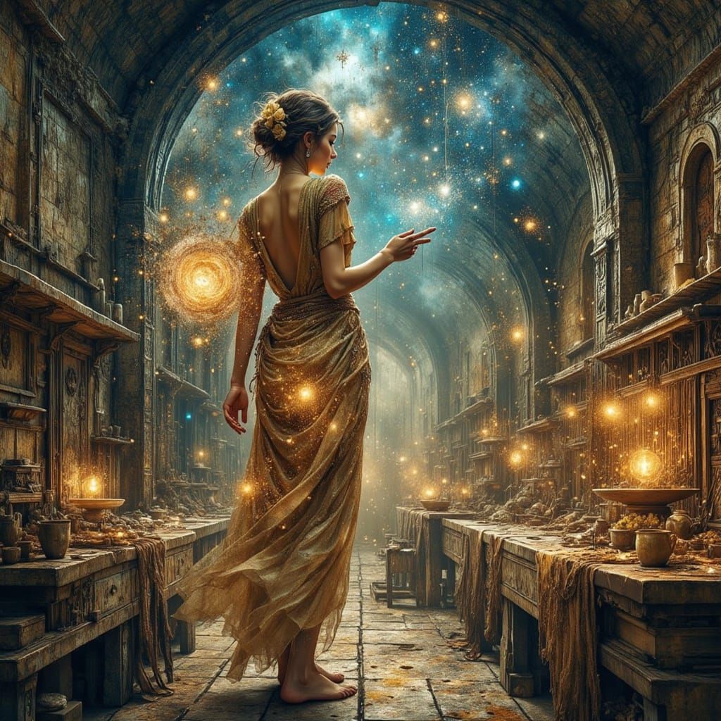 Cosmic Seamstress Weaves Starlight Gowns in Celestial Atelie...