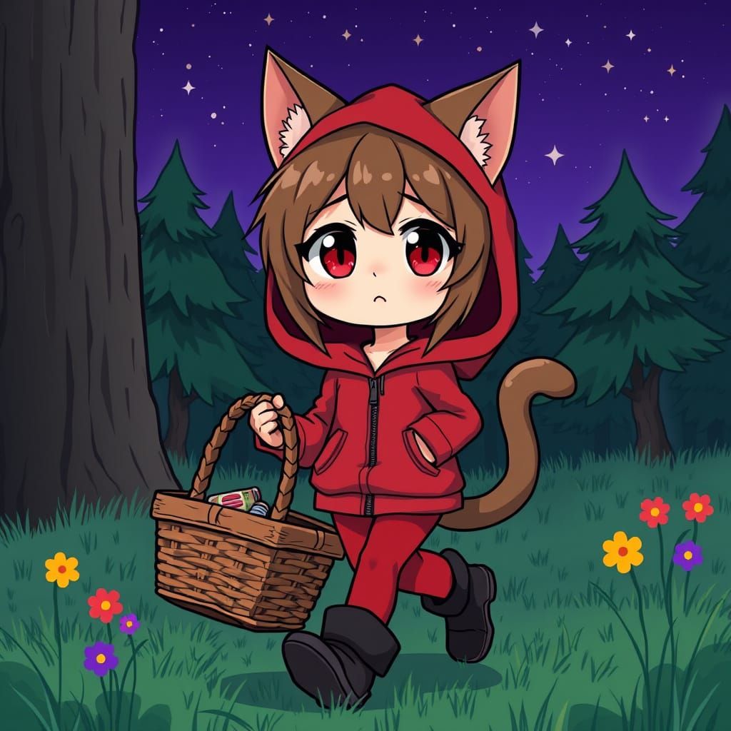 Cute Anime Catgirl in a Red Hooded Jacket Strolls Through a ...