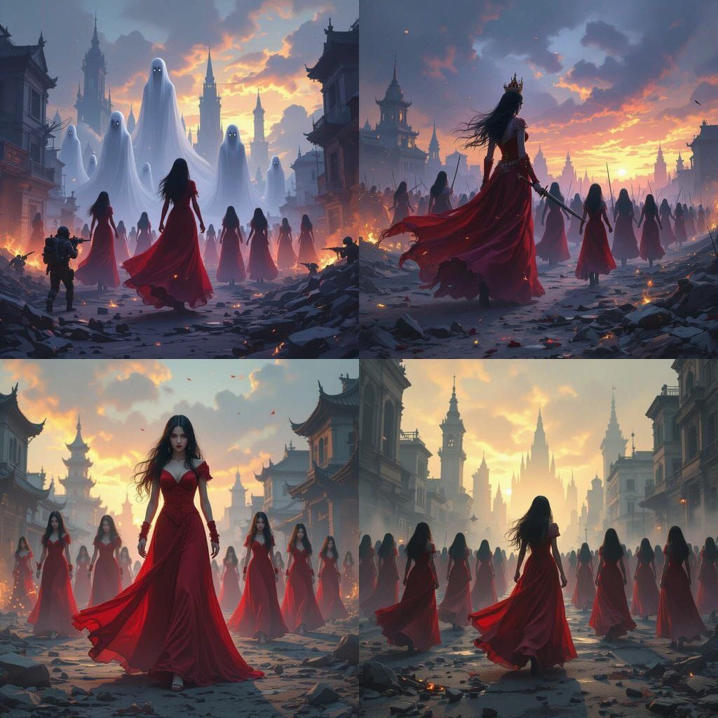 Haunting Ghost Girls Destroy City in Dark Fantasy Art