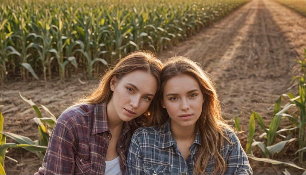 Lesbian Couple Cuddling in Cornfield at Sunset
