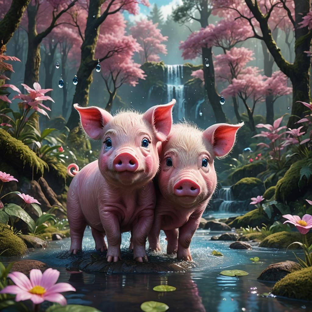 Cute Pink Pig with Blue Eyes in Forest