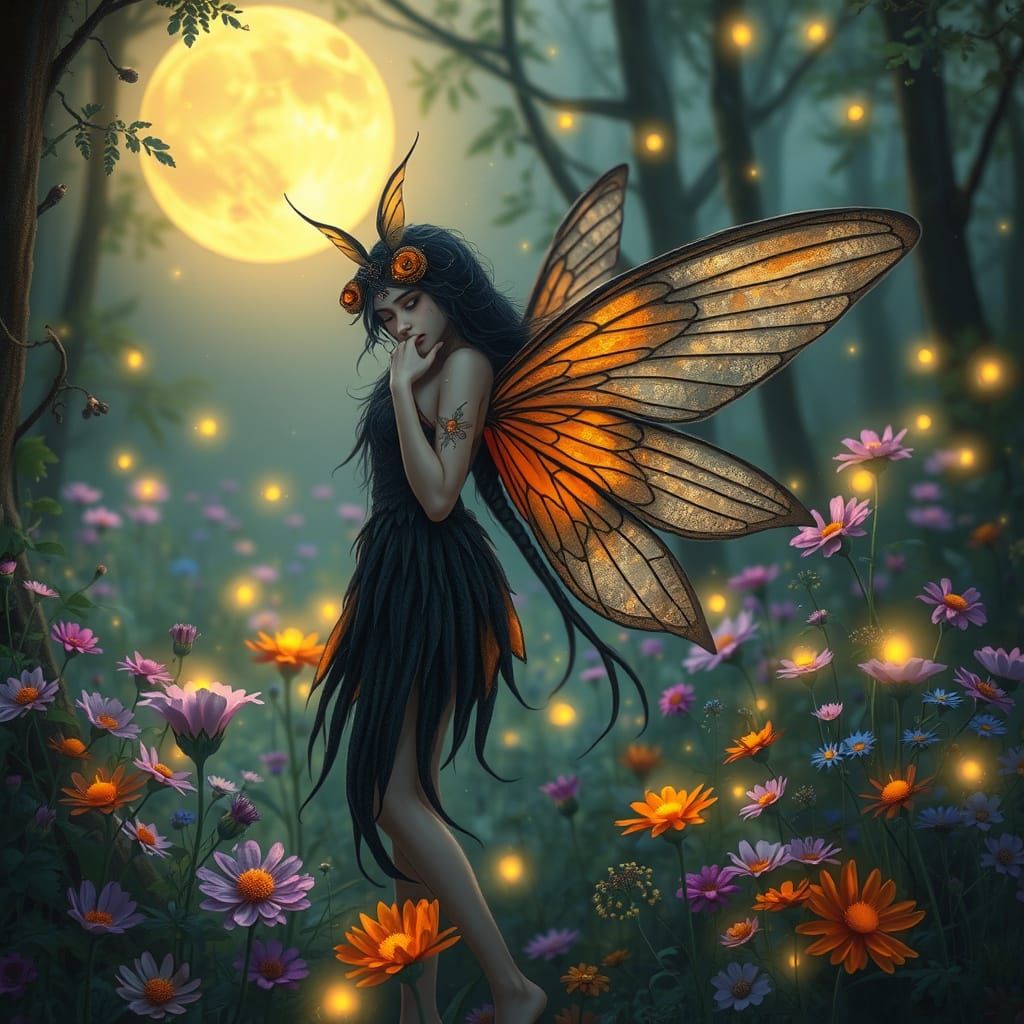 Whimsical Moonlit Fairy Amidst Vibrant Wildflowers