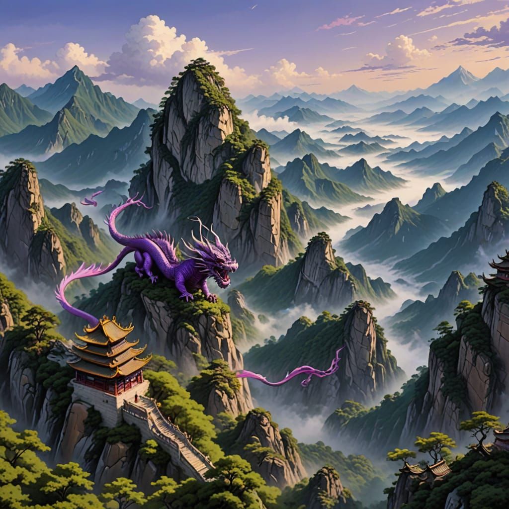 Purple Dragon Flight Through Chinese Mountains