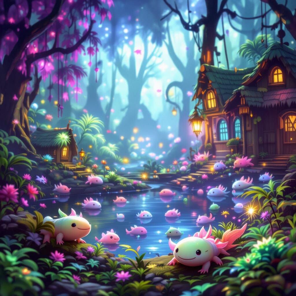 Bioluminescent Axolotl Swamp in Open World Game Setting