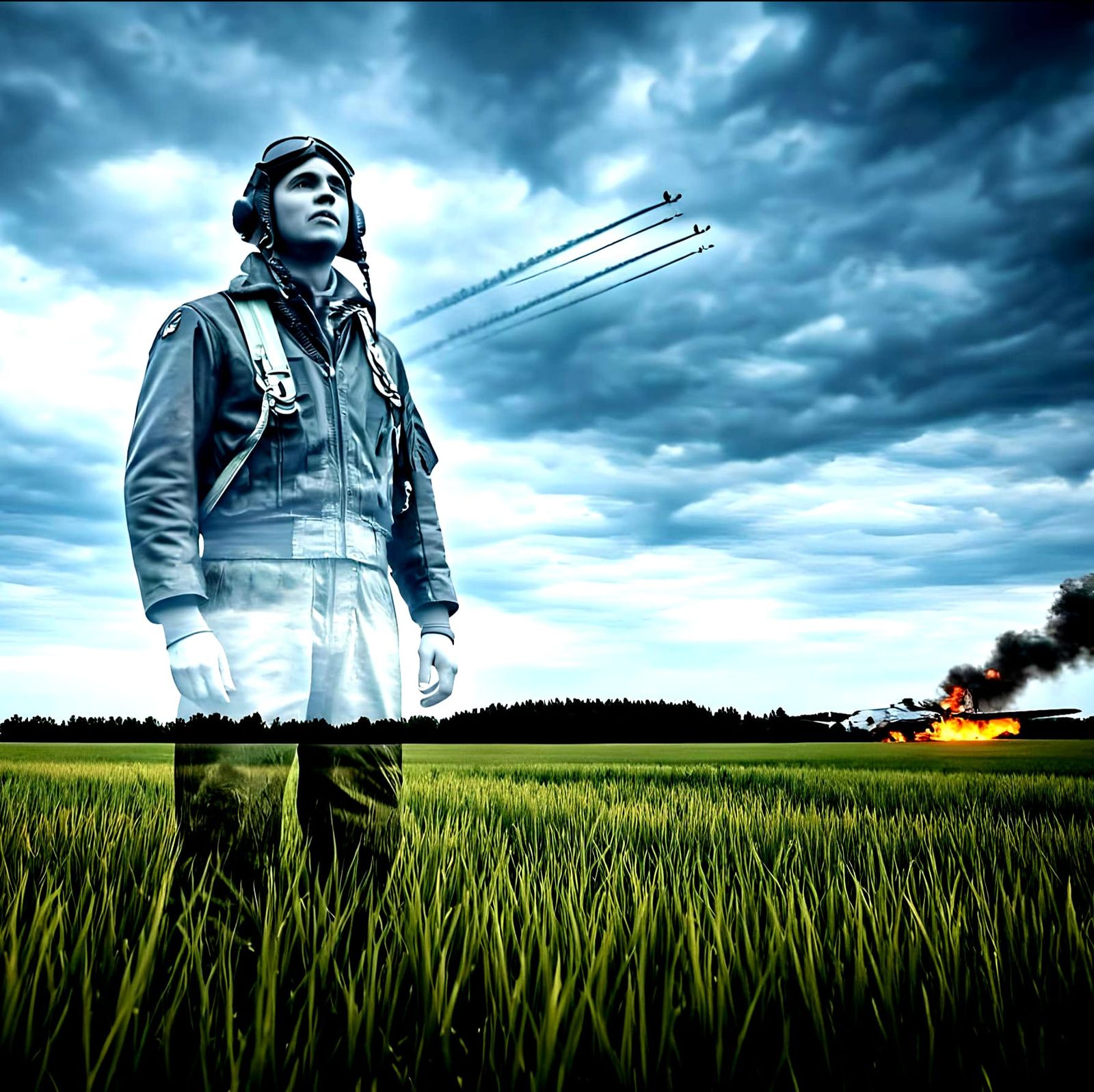 Ghostly WWII Pilot Portrait in Field of Loss