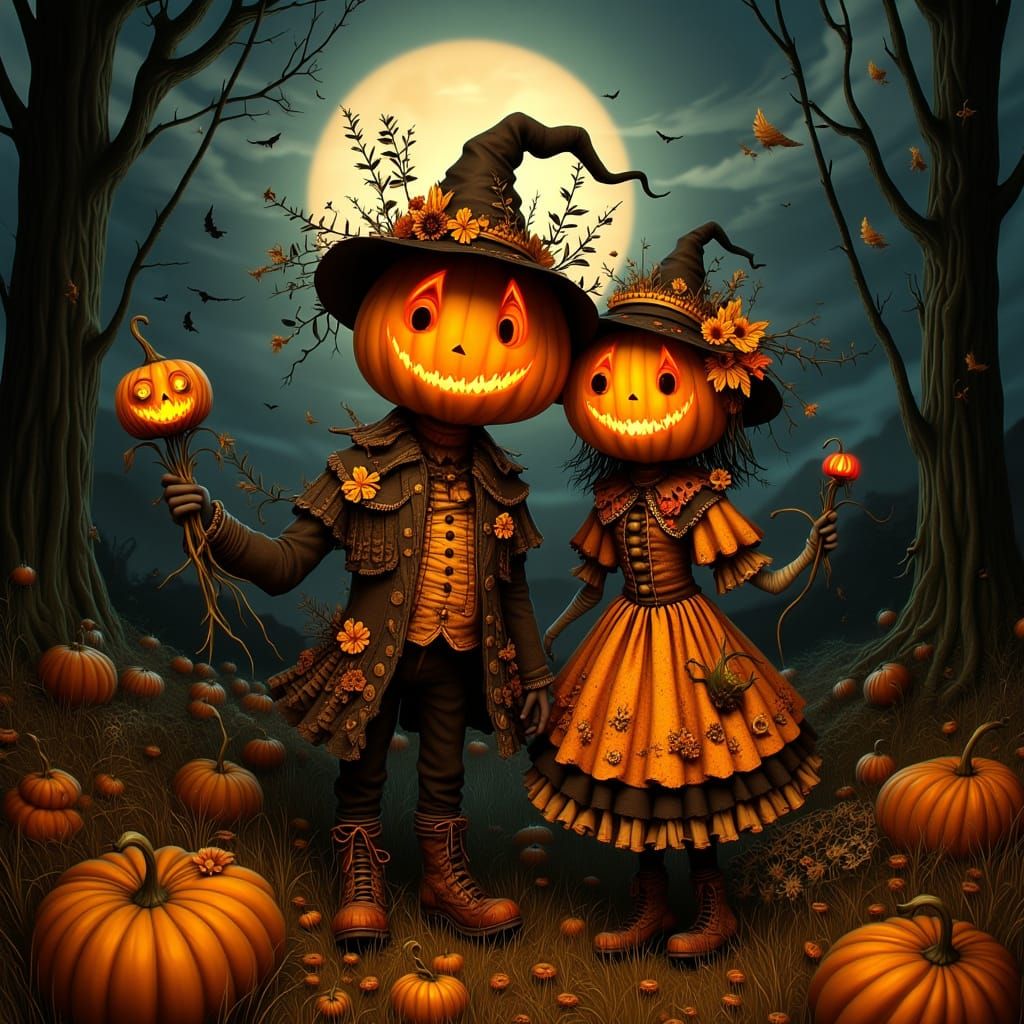 Whimsical Pumpkin Couple in Moonlit Autumn Field