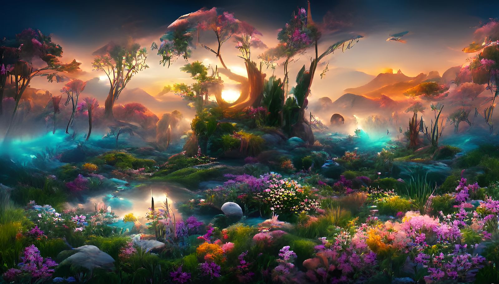 Iridescent Sci-Fi Zen Garden Under Cosmic Sky