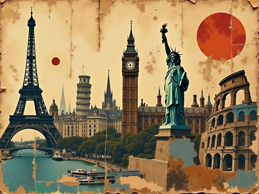 Layered Landmark Collage in Earthy Tones