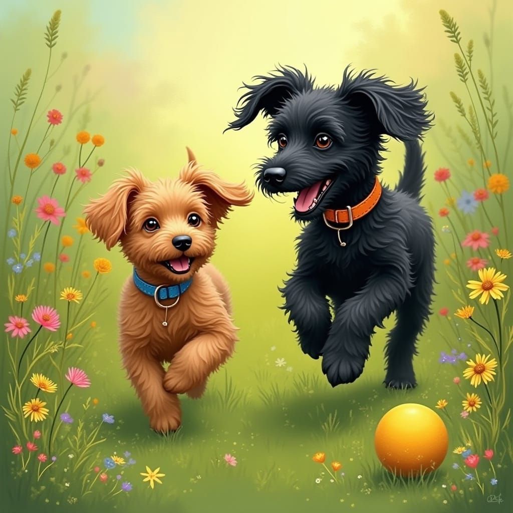Puppy and Dog Playing in Meadow, Whimsical Illustration