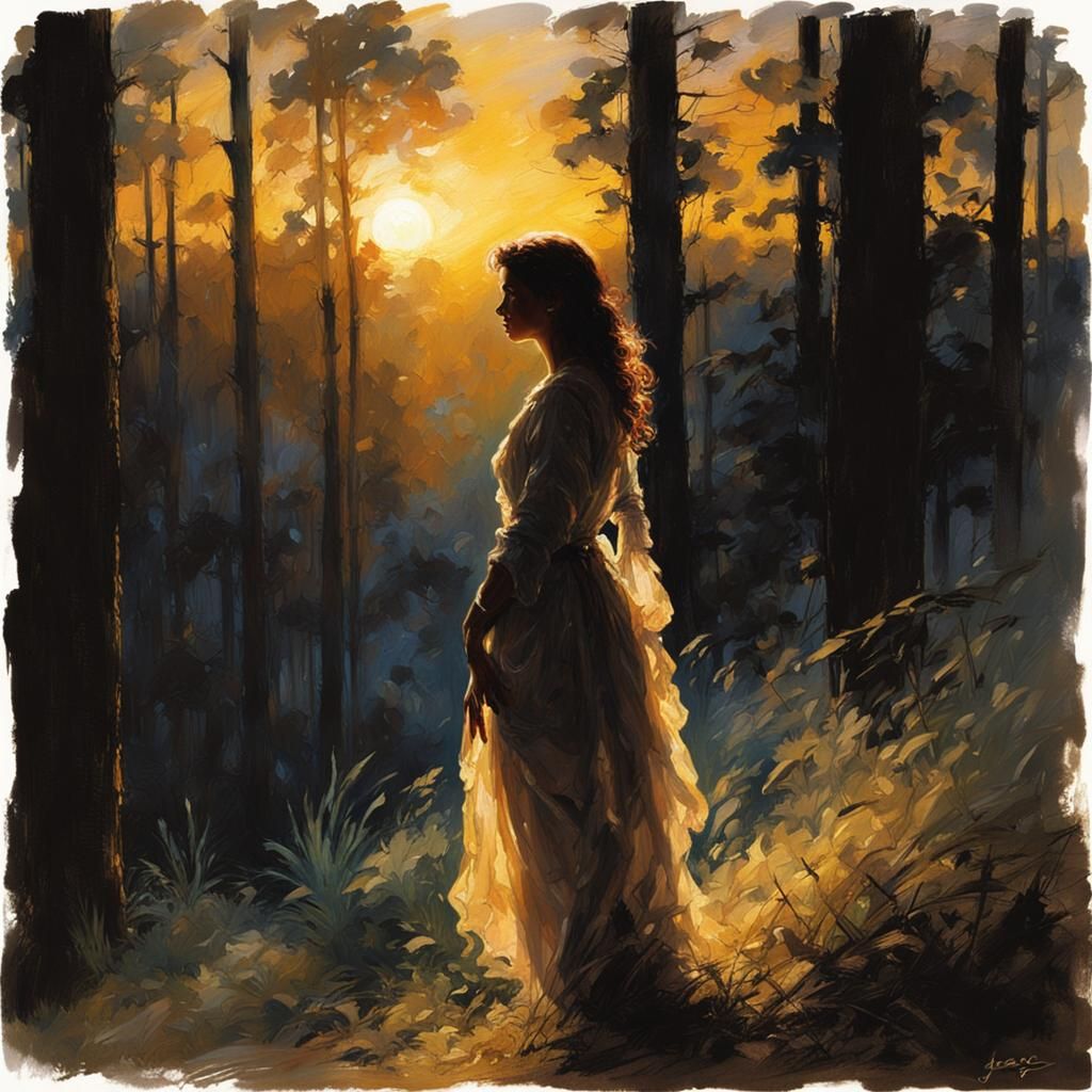 Silhouette of Woman at Sunset in Chiaroscuro Lighting
