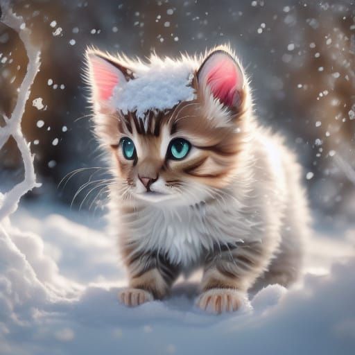 Cute Pastel-Colored Kitten in Snowy Wonderland