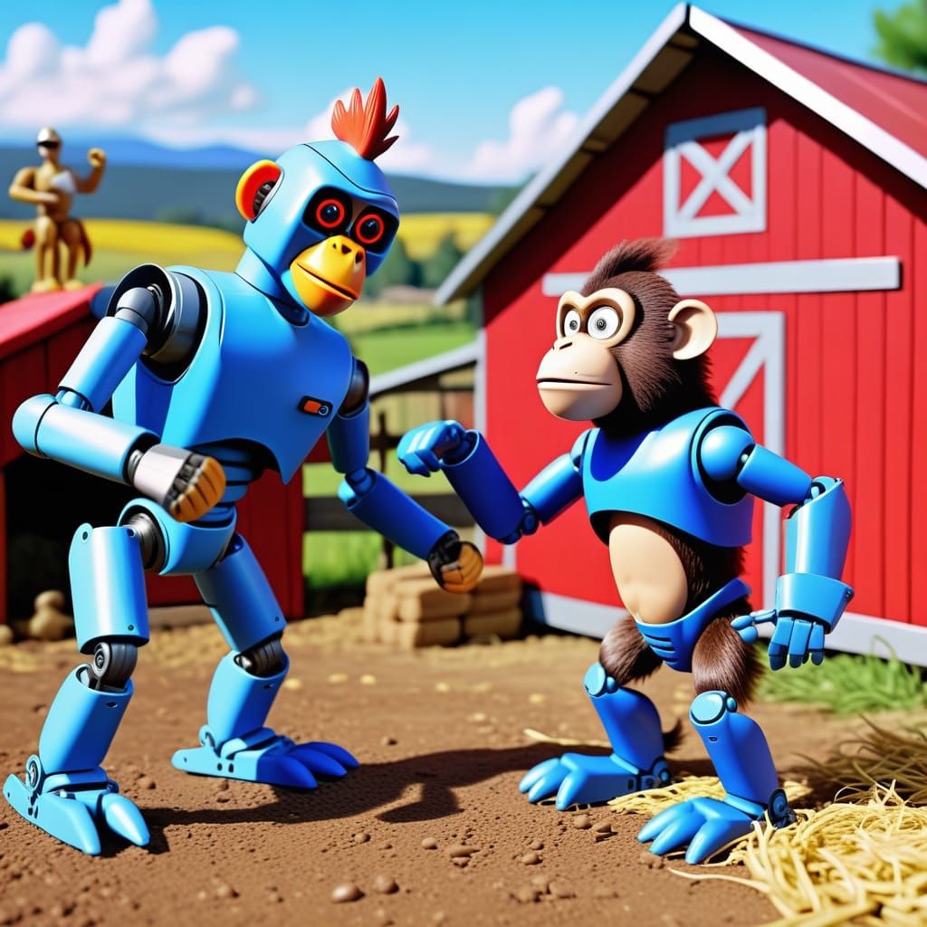 Robot Chicken vs Robot Monkey in Barnyard, 4K