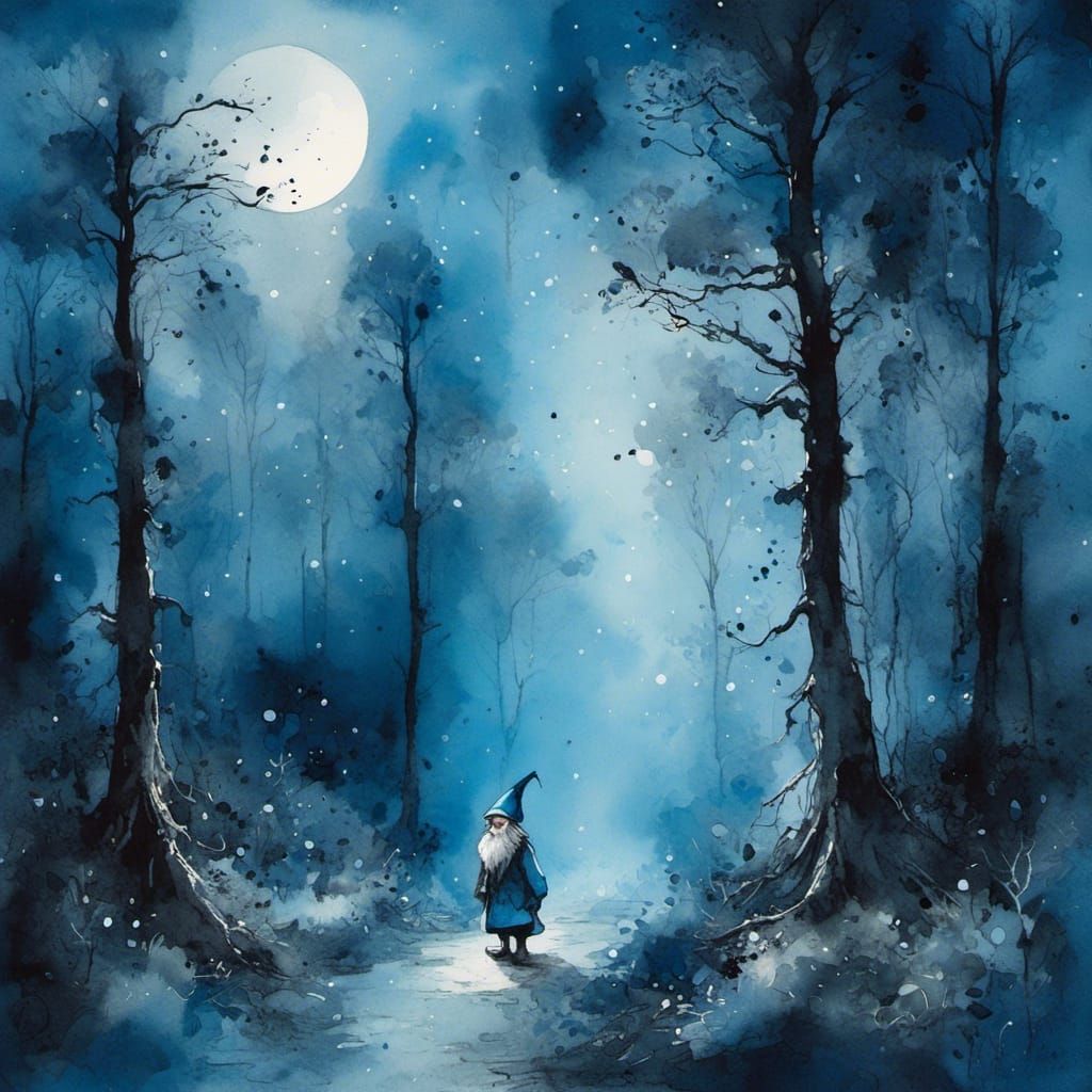 Gnome in Misty Forest Clearing: Blue Watercolor