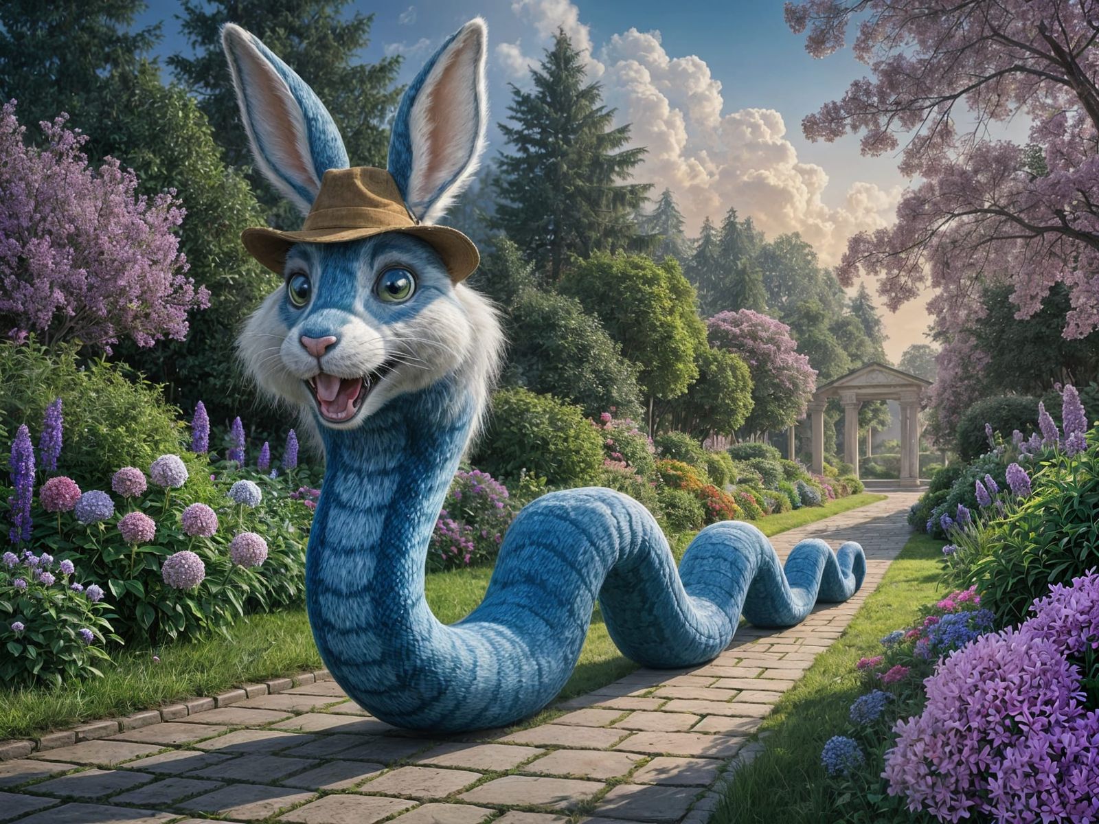Furry Slinky Garden Snake with Rabbit Head
