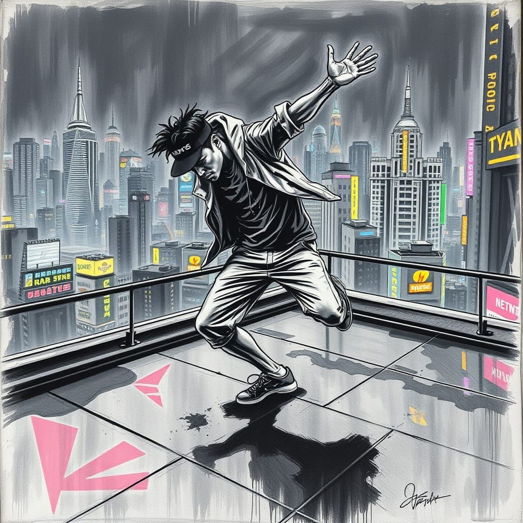 Cyberpunk Rooftop Dancer in Dynamic Charcoal Style