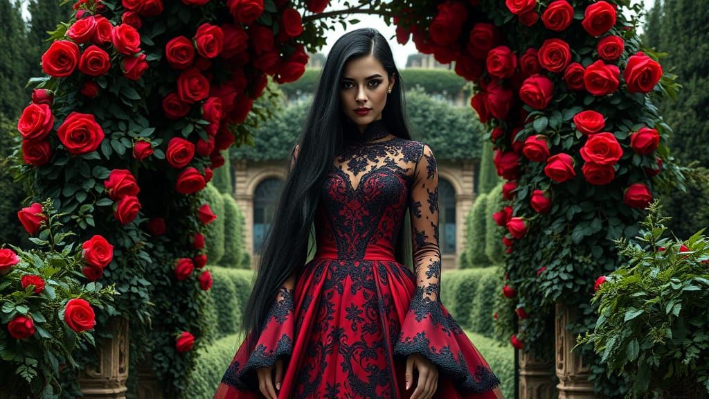 Gothic Goddess Amidst a Sea of Roses