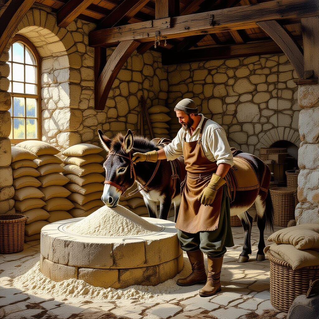 Medieval Miller and Donkey in Rural Landscape
