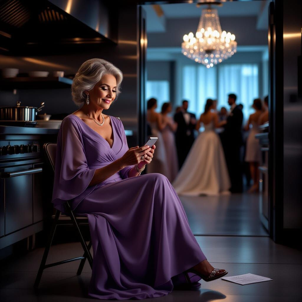 Elegant Older Woman in Lavender Dress in Chaotic Kitchen