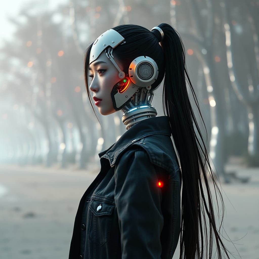 Cyberpunk Korean Robot Woman on Beach