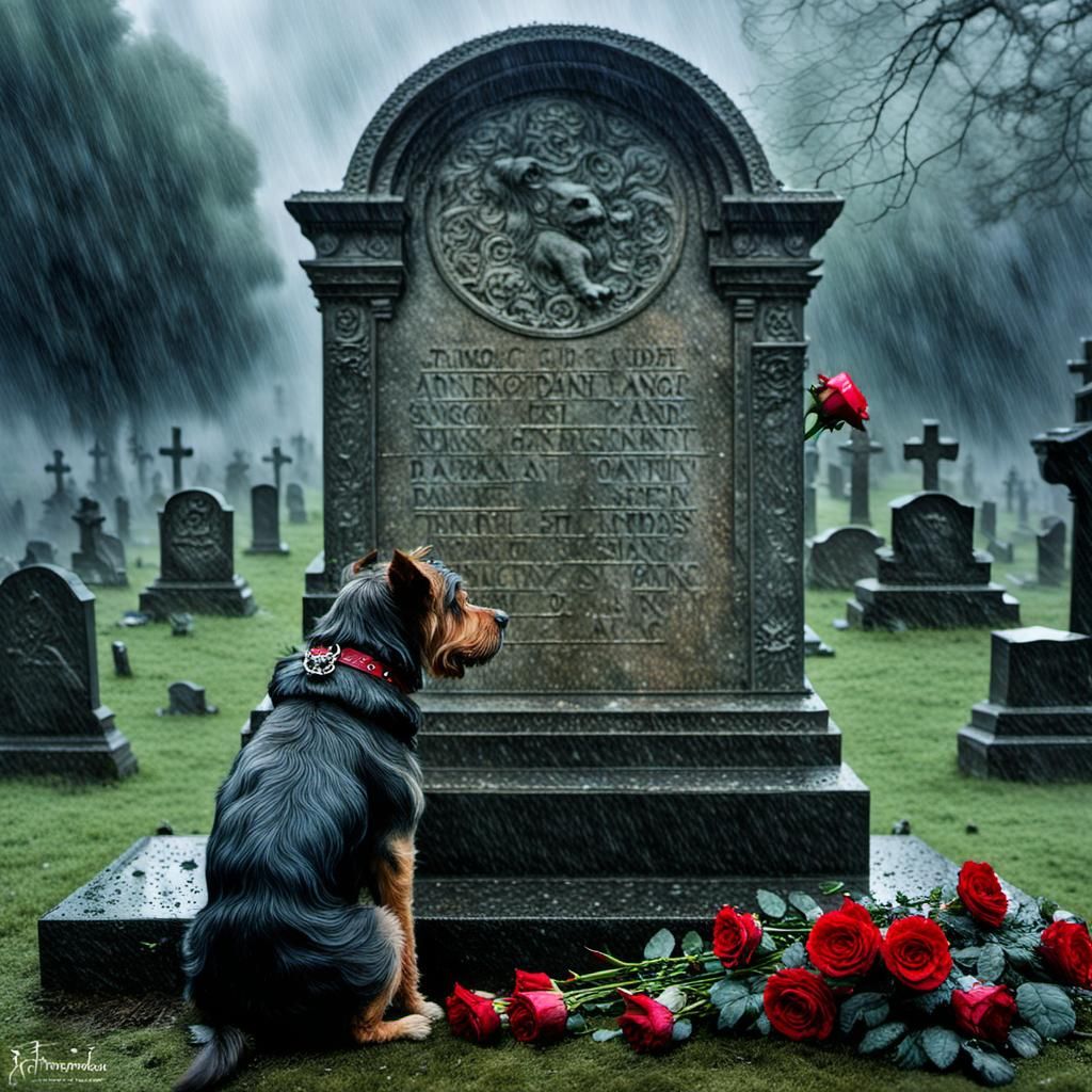 Dog Mourning at Grave in Arthur Rackham Style