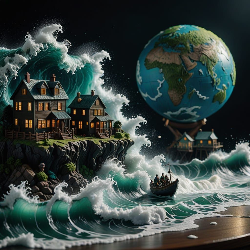 Dramatic Miniature Diorama of a Submerged Globe in Turbulent...