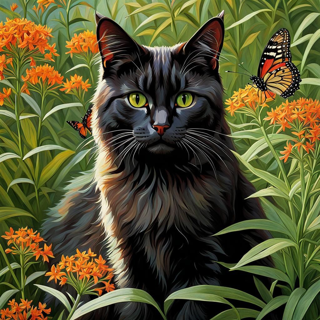 Anime Brown Cat in Butterfly Weed, Detailed Art