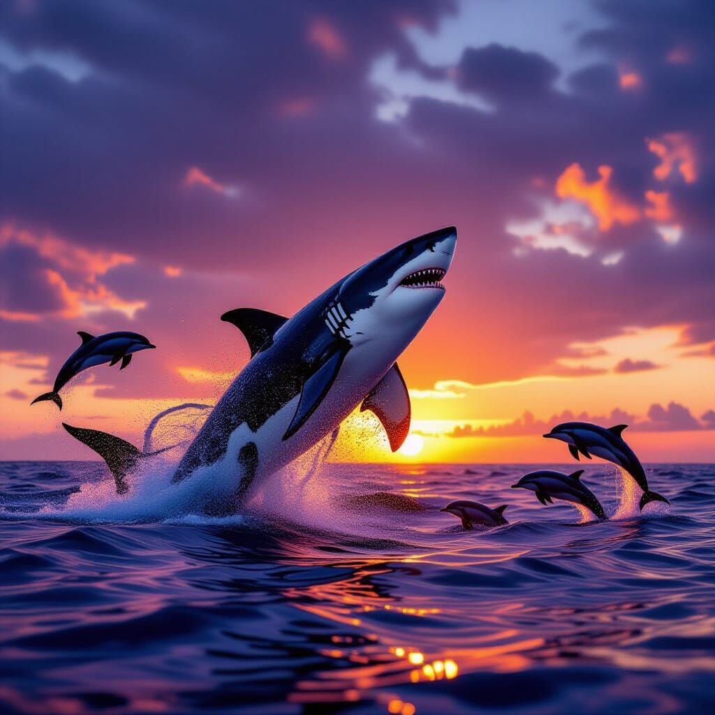 Shark Breaching Sunset Ocean with Dolphins Jumping
