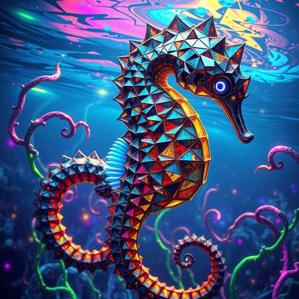 Cyberpunk Seahorse with Mirrored Metallic Hide in Vibrant, P...