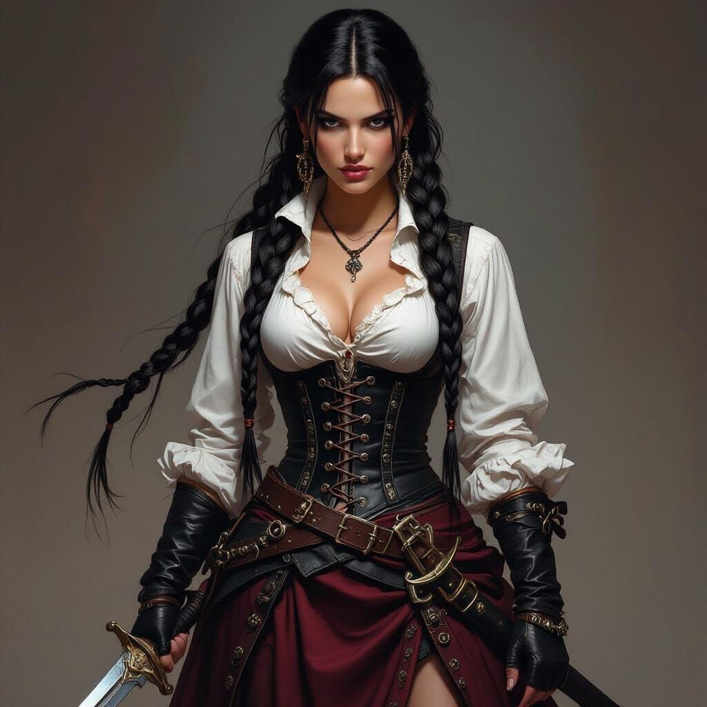 Fierce Female Pirate with Sword, Realistic Art