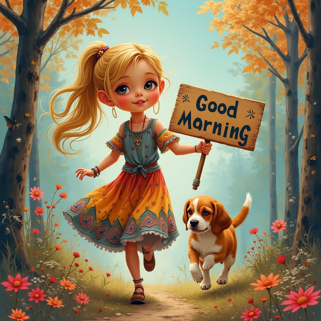 Girl, Puppy, and Good Morning in Airbrush Style